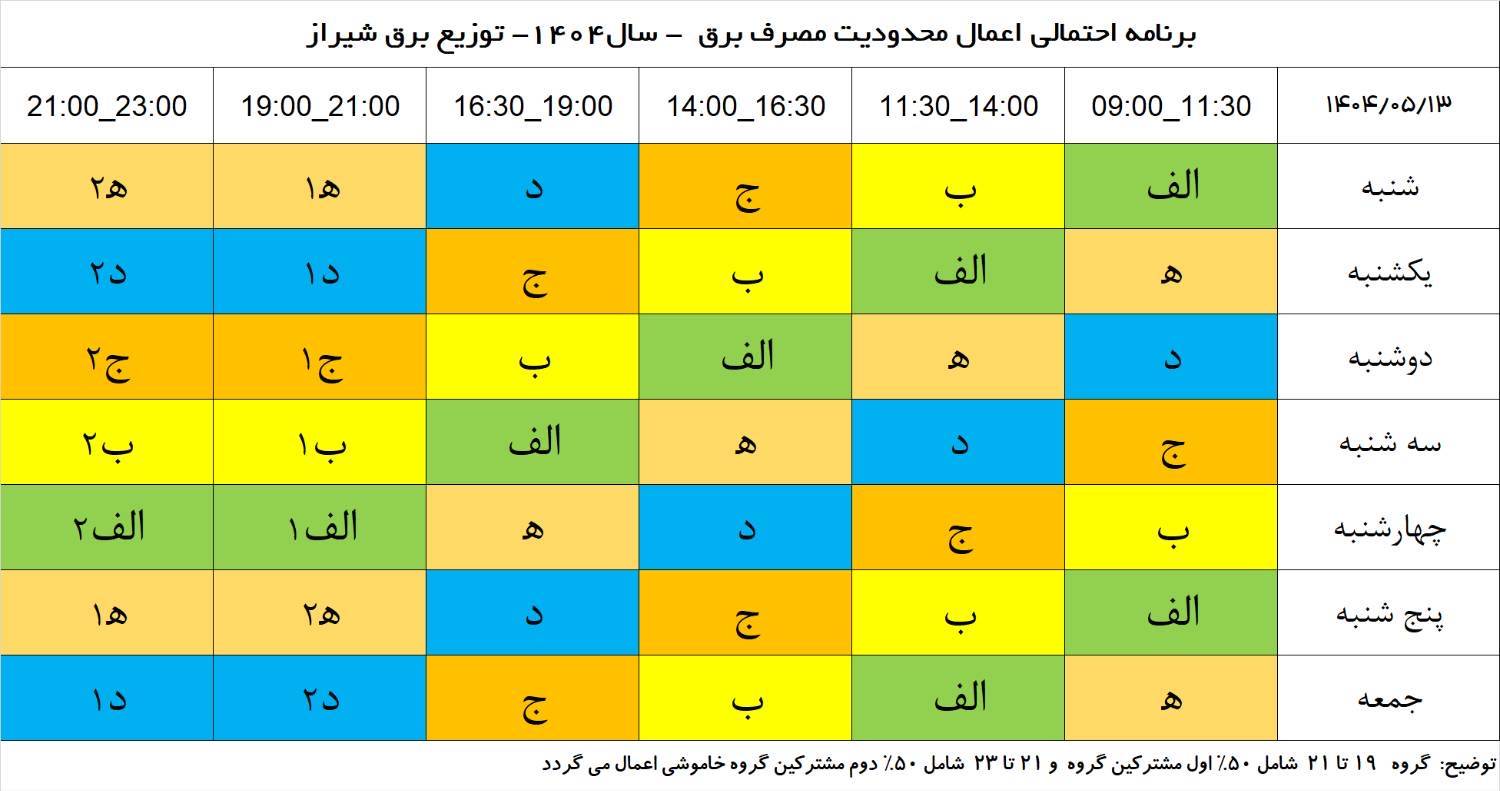 جدول قطعی برق کوار- سیزدهم مرداد جدول هفتگی
